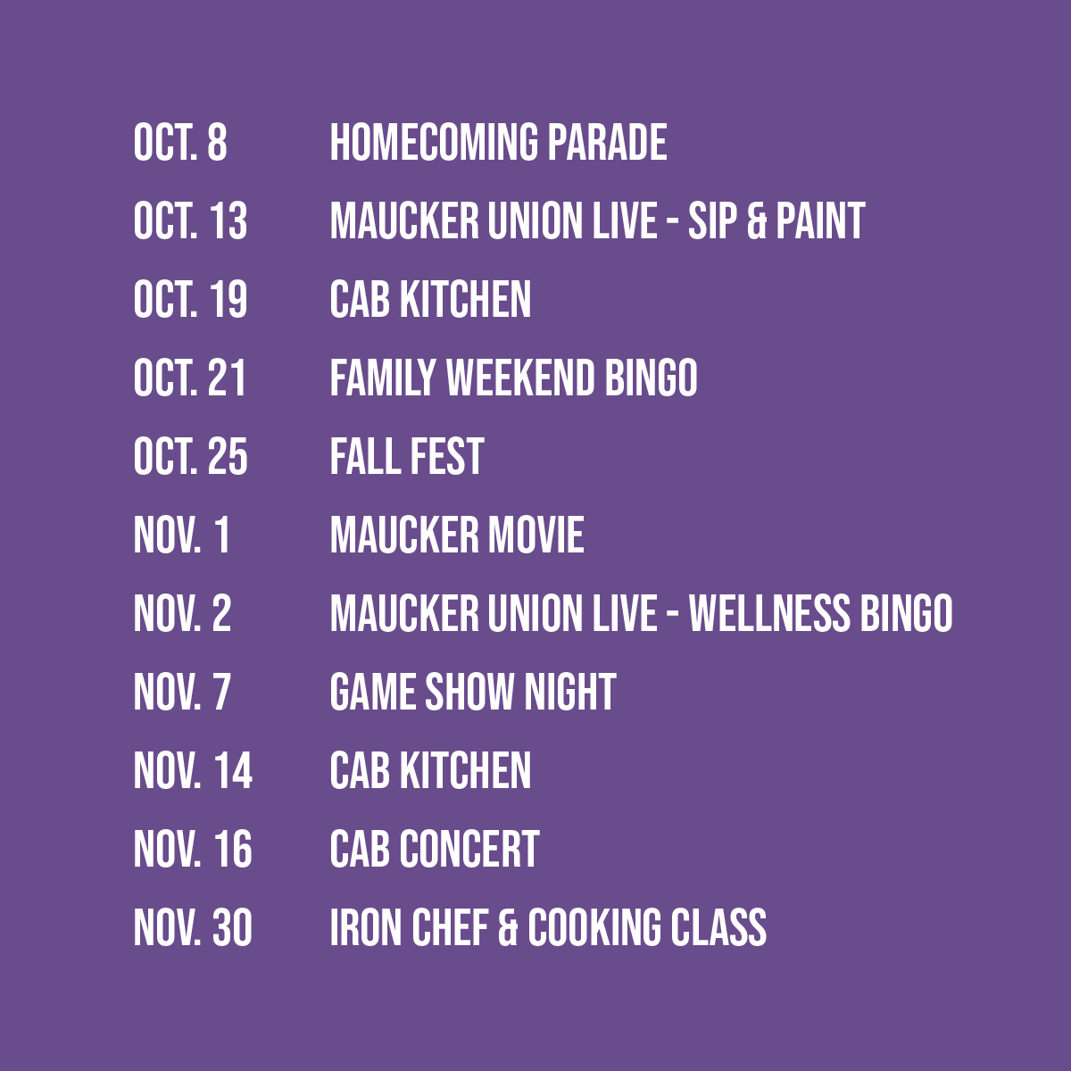 InvolvementUNI's tweet photo. What better way to start off a Monday then with the CAB schedule for the semester! With fun activities like Casino Night, Maucker Movie, and CAB Concert make sure you get registered! https://t.co/4vYViD3btN