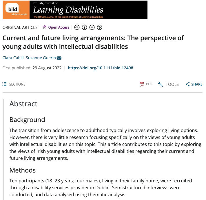 suzie_guerin's tweet photo. Delighted to share this #onlineearly #openaccess article  published in @BJLD_Wiley based on @UCDPsychology #MPsychSc research by @CahillCiara #livingarrangements #youngadults #intellectualdisabilities
https://t.co/tSzourtXGF https://t.co/WYKzwLJ8VW