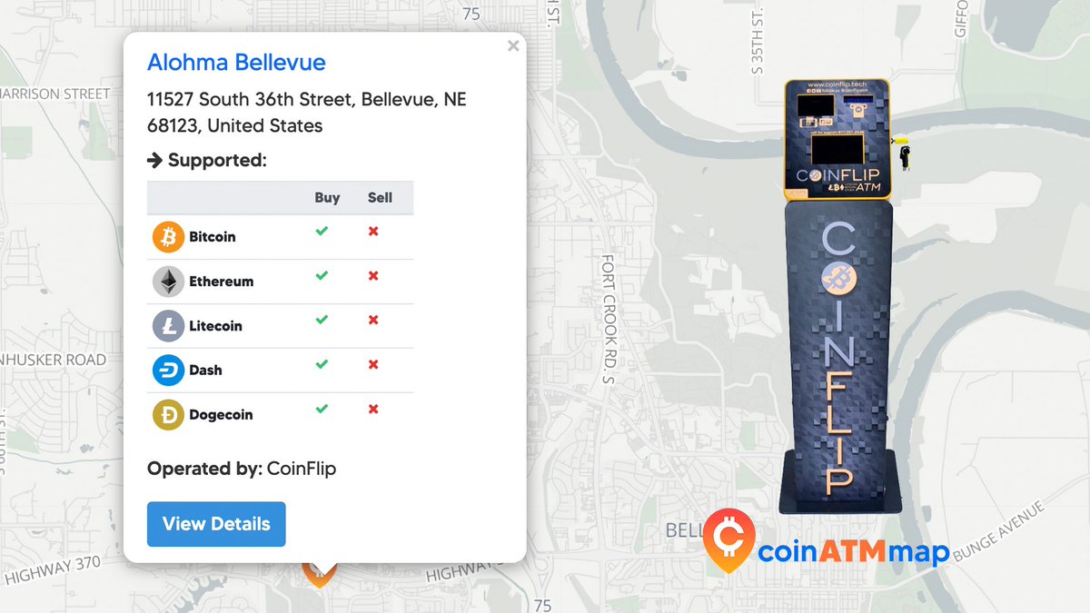 coinatmmap's tweet photo. Check out this #Bitcoin ATM by @coinflip in #Bellevue #Nebraska . This machine supports #BTC, #Ethereum, #DOGE, #LTC, &amp; #DASH. Find this #BitcoinATM and many others at #CoinATMmap (Link In Bio). https://t.co/TXszxzwYxt