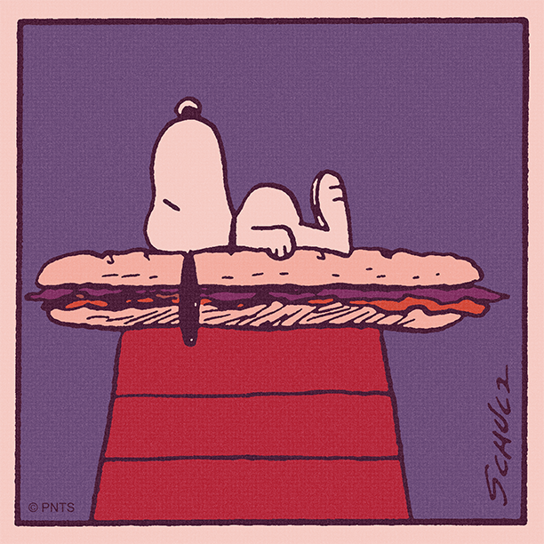 Snoopy's tweet image. August is #NationalSandwichMonth! Eat a sandwich today, or take a nap on one!