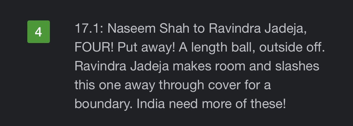 YashwanthReddyD's tweet photo. @abeerayy__19 4
17.1: Naseem Shah to Ravindra Jadeja,
FOUR! Put away! A length ball, outside off.
Ravindra Jadeja makes room and slashes
this one away through cover for a
boundary. India need more of these!
#Samefeel #ThaggedheLe 🔥 https://t.co/CsBi4XhSAP