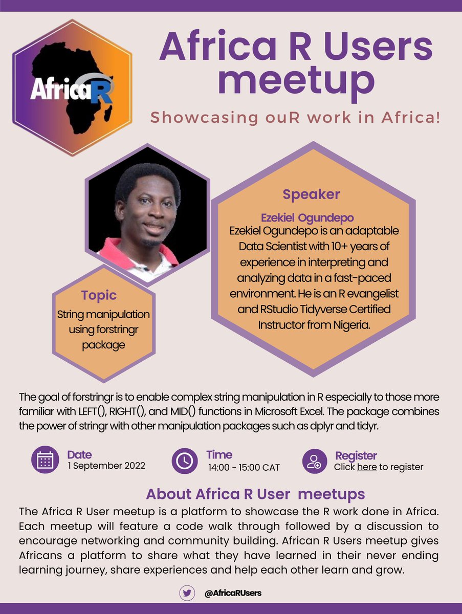 Join us for the upcoming <a href="/AfricaRUsers/">Africa R Users</a> meetup on 1 September @ 14:00 CAT. 

We're kicking off a new season of getting to know our #rstats community and hearing what everyone's working on. Speaker line-up &amp; upcoming dates: docs.google.com/spreadsheets/d…

Register: bit.ly/AfricaR-Sept20…