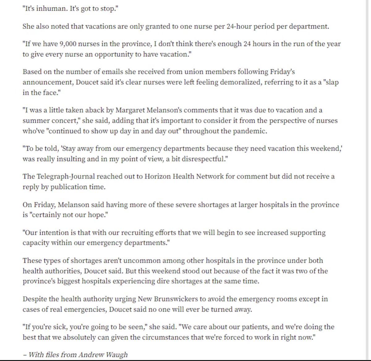 SaintJohnPickle's tweet photo. Horizon Health Network blames staff shortages this weekend on nurses taking vacation &amp; NBNU hits back

what other profession is NOT ALLOWED to take their vacation, what kind of environment is created when the employer slams its employees to the public?

NB Nurses deserve respect. https://t.co/B22pL4ImU1
