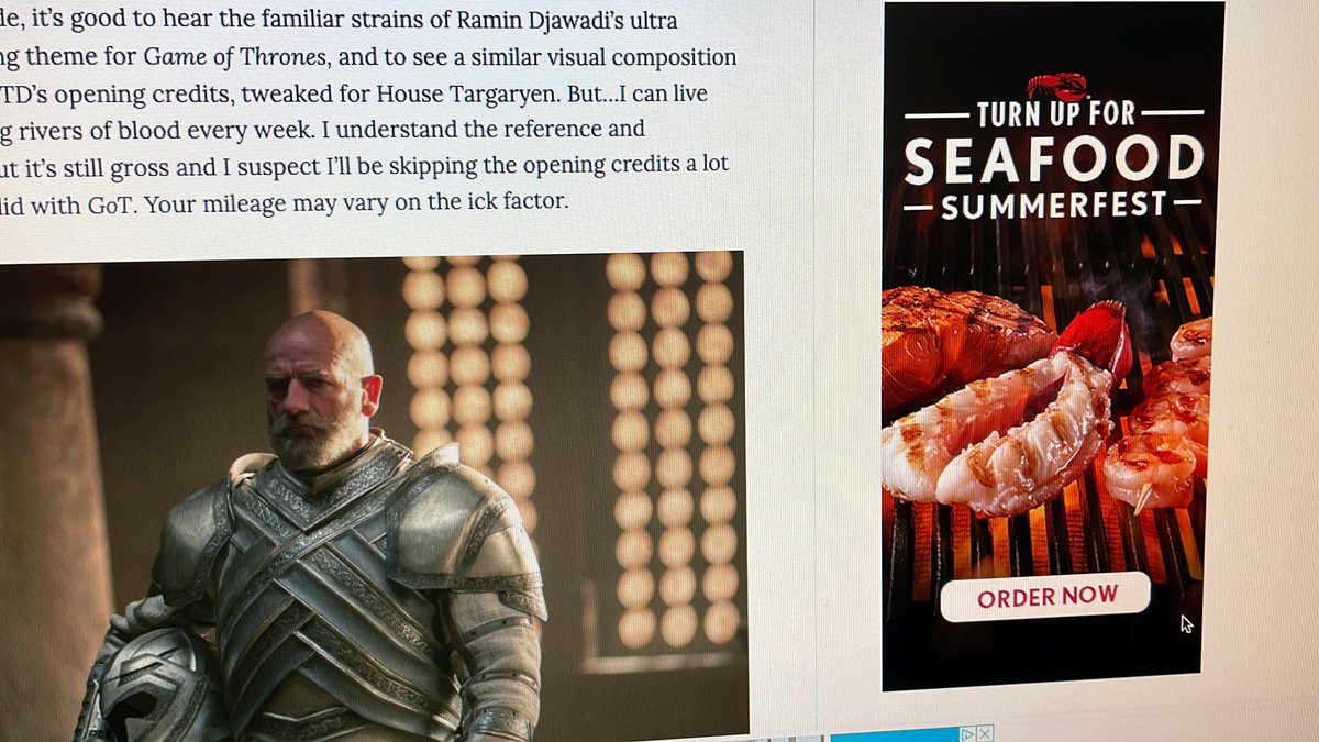 This ad on <a href="/WatchersOTWall/">Watchers on the Wall</a> today seems appropriate. #Crabs #HouseOfTheDragonHBO