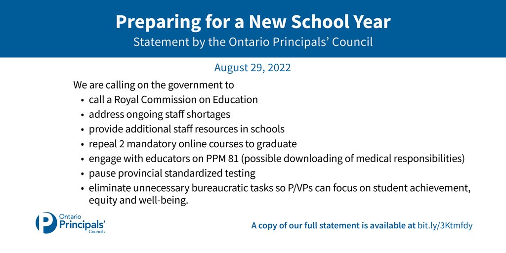 As we prepare for a new school year, we need to: ensure all students have an opportunity to be successful; assess health concerns; address staff burnout; &amp; re-engage all learners. See our full statement: bit.ly/3Ktmfdy #OPCLeadLearn