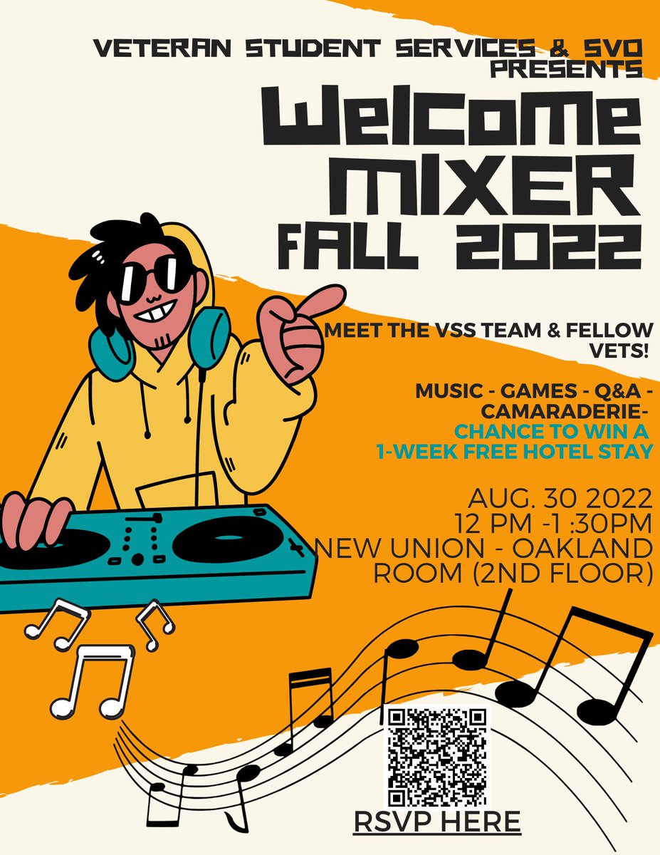 CsuebSvo's tweet photo. We are pleased to announce that the Veteran Welcome Mixer is officially returning face to face for Fall 2022! 
Sign up using the QR link attached to the poster or through this link: https://t.co/tVF8KGHJEi https://t.co/TsOwSBXvOn