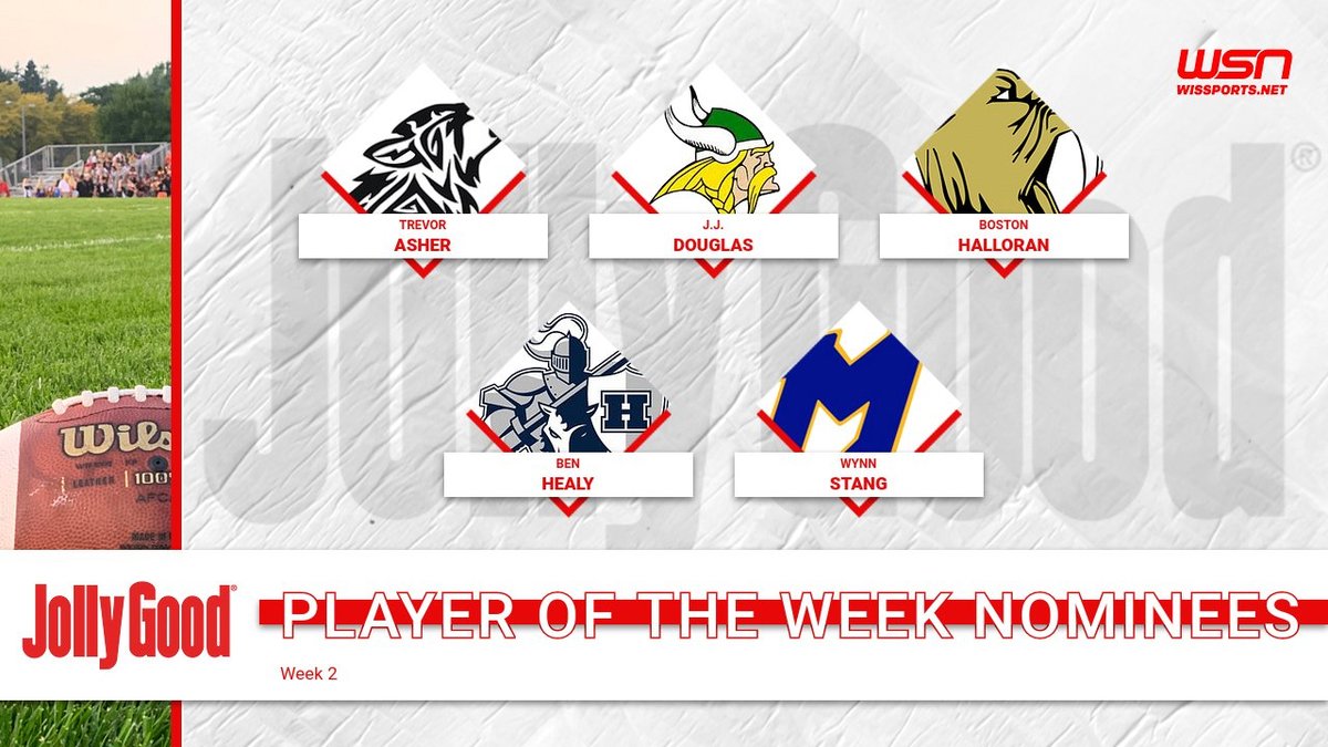 Week 2 <a href="/JollyGoodSoda/">JOLLY GOOD</a> Football Player of the Week Nominees

- Trevor Asher, Elmwood/Plum City

- J.J. Douglas, Janesville Parker

- Boston Halloran, Franklin

- Ben Healy, Hudson

- Wynn Stang, Mukwonago

wissports.net/news_article/s… #wisfb