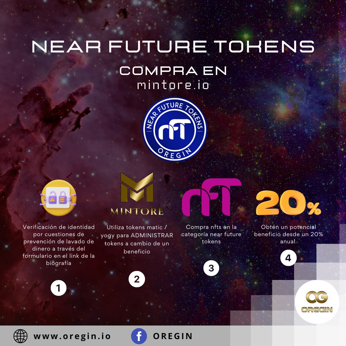 OREGIN_io's tweet photo. Los Near Future Tokens permiten a los usuarios verificados obtener el potencial beneficio en tokens desde un 20% anual sin la necesidad de comprar una membresía Goldchain Galaxy. 

#NFT #nearfuturetokens #GoldchainGalaxy #blockchain #Criptomonedas #cripto #memecoin #DeFi #ai https://t.co/nD7RcY7Yhn