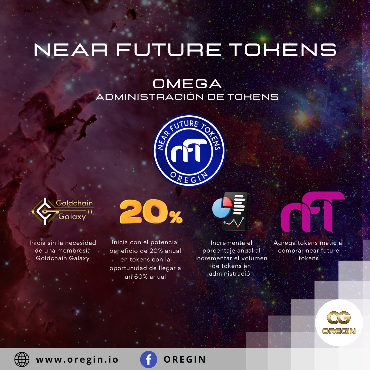 OREGIN_io's tweet photo. Los Near Future Tokens permiten a los usuarios verificados obtener el potencial beneficio en tokens desde un 20% anual sin la necesidad de comprar una membresía Goldchain Galaxy. 

#NFT #nearfuturetokens #GoldchainGalaxy #blockchain #Criptomonedas #cripto #memecoin #DeFi #ai https://t.co/nD7RcY7Yhn