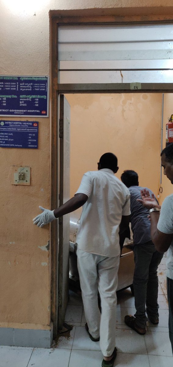 lingaiah543's tweet photo. Hi @dhsircilla @DMHO_Rajanna @trsharish @KTRTRS The govt district hospital siricilla doesn't has a single working freezer 2 put a deceased body 4 a ni8 when police referred for postmortem? Instead staff giving contacts 2 hire 1 privately for an whopping amount of 5k for single n8 https://t.co/xOgzLtxpYn