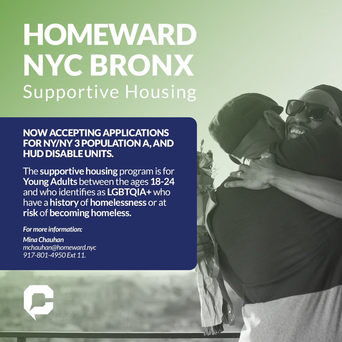 Homeward NYC BRONX (@homewardnyc) supportive housing is now accepting applications.

 For more information, please contact Mina Chauhan (Program Director) at:
📧 chauhan@homeward.nyc
📞 917-801-4950 Ext 11.