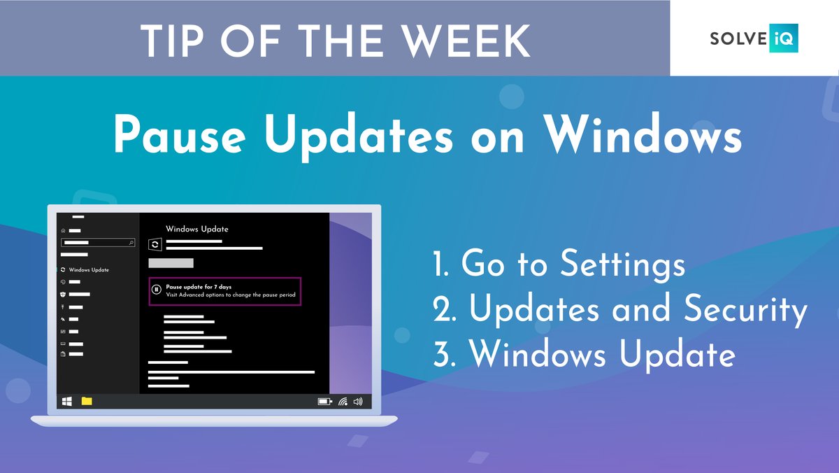 🔄 Updates are important, but sometimes you need a break from those pop-ups. To pause these, follow the steps on this graphic.

⚠️ Keep in mind– update your operating system every 4 to 6 weeks. #SolveiQ #HelloPossible #TipOfTheWeek #TechTips #PCTips  #KeyboardShortcuts