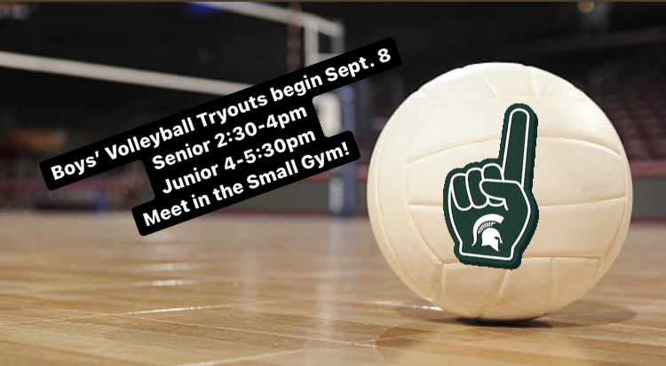 The Spartan Boys’ Volleyball team tryouts begin Thursday and will continue on Friday! Thursday Seniors at 2:30 and Juniors at 4:00pm. Friday Juniors at 2:30pm and Seniors at 4pm.
