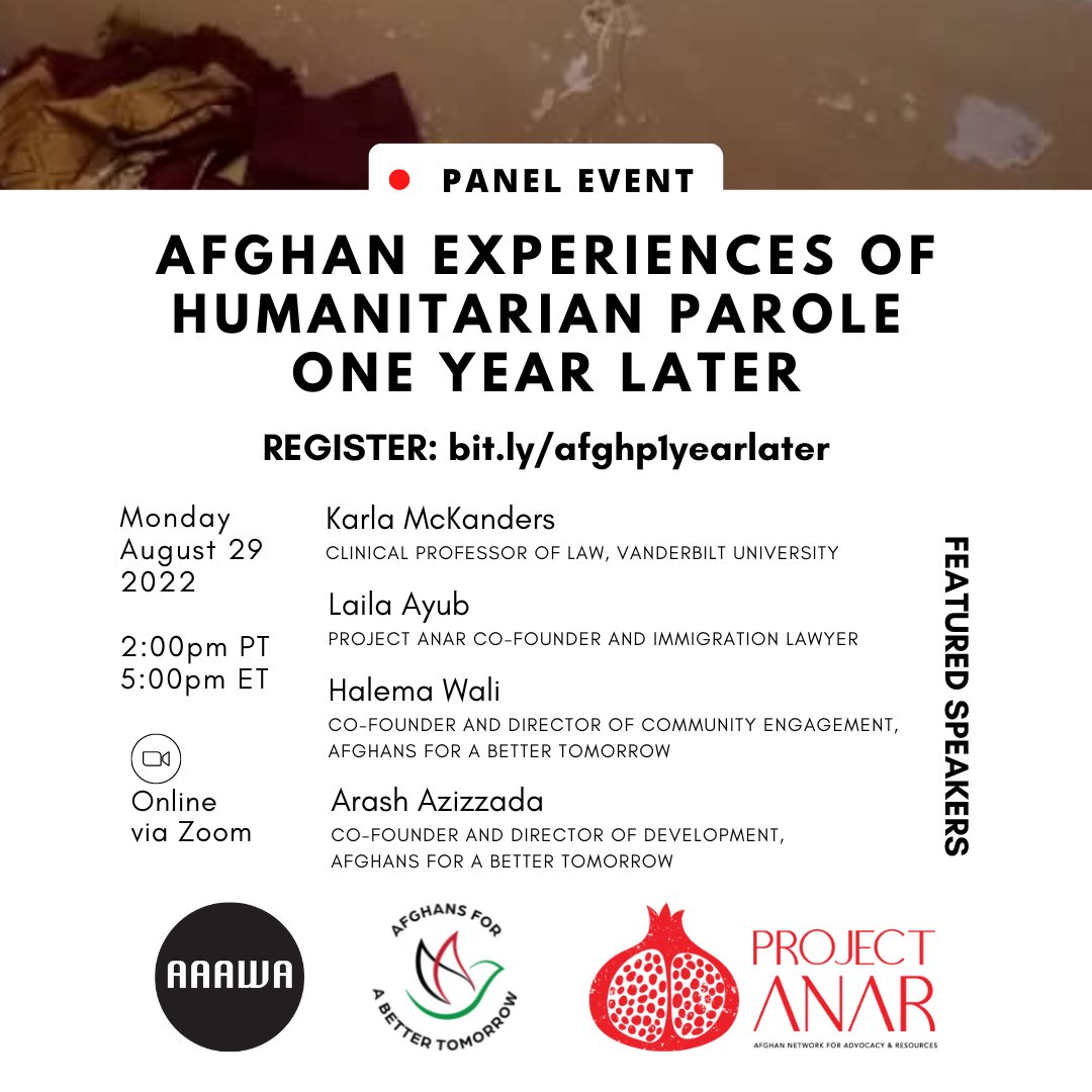 AfghansTomorrow's tweet photo. Please join us today at 2pm PT / 5pm ET, for a panel event centering Afghan Experiences of Humanitarian Parole One Year Later, alongside @aaawa_art and @project_anar

➡️ REGISTER: https://t.co/Y3JMUTp0fo https://t.co/izjijJFajW