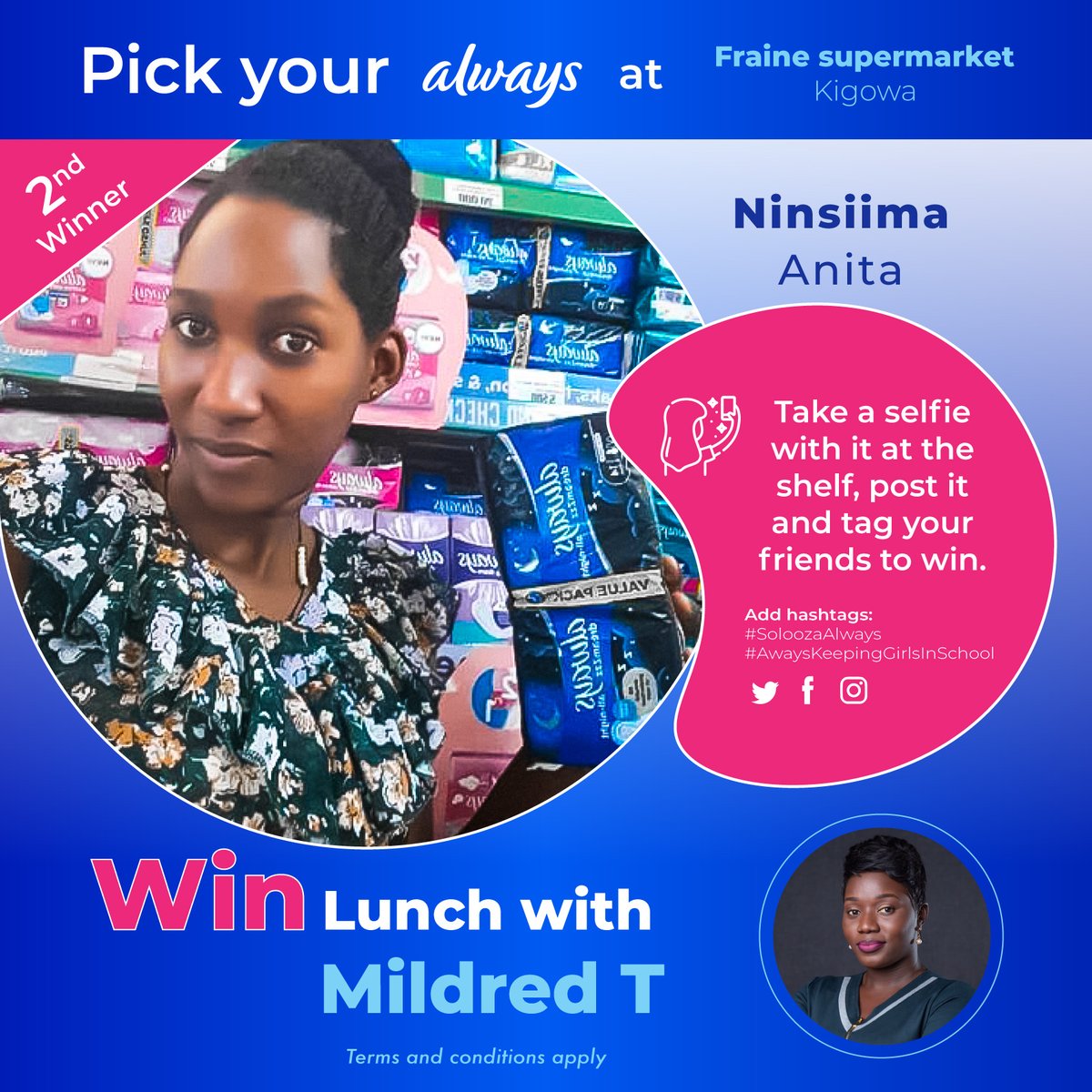 nbstv's tweet photo. Congratulations to Anita Ninsiima  our 2nd winner for the lunch date with @mildredtuhaise 
Take a selfie of yourself making a purchase at any supermarket near you, post it with the hashtag:
#SoloozaAlways and stand a chance to win a slot. 

#AlwaysKeepingGirlsInSchool https://t.co/hwiVELfUzY