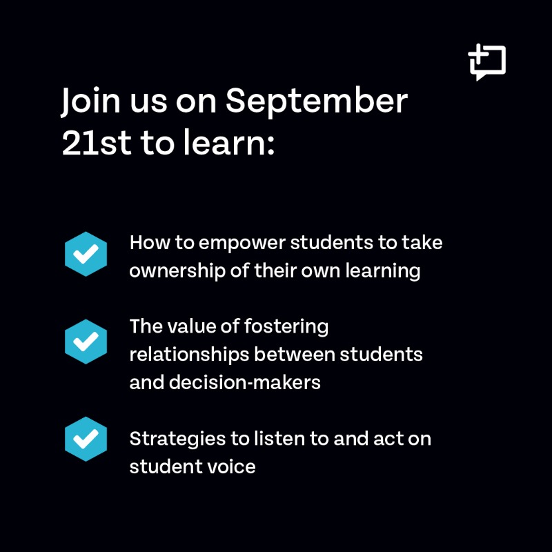 thoughtxchng's tweet photo. It's time to elevate #StudentVoice and give them a say in their own education.

Join us on September 21st where @EquitySupt1 will host a panel of #education leaders who will share their perspectives on the power of student voice.

Book your spot: https://t.co/fAKtf3JGZr

#EdChat