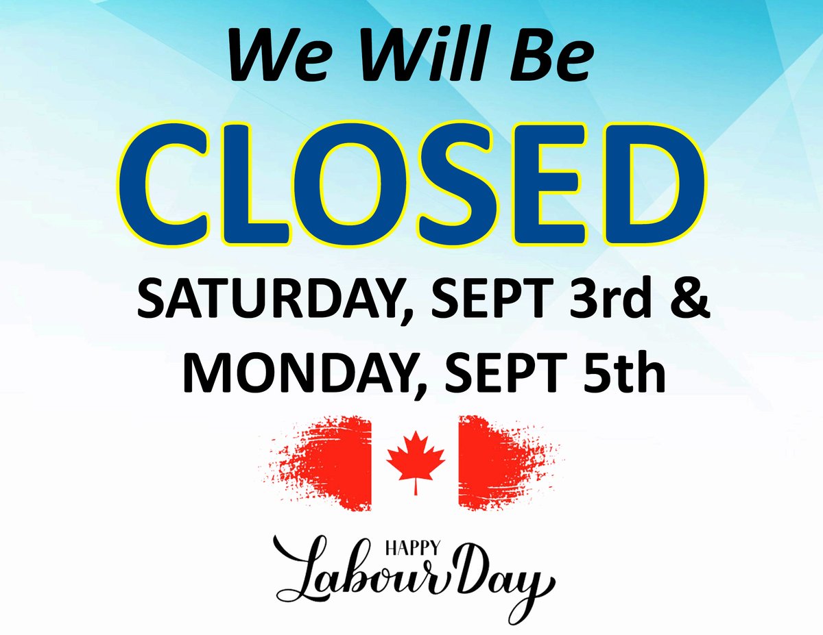 DelcanBuilding's tweet photo. We will be closed on Saturday, September 3rd &amp; Monday, September 5th.

Have a great Labour Day weekend! https://t.co/VrmKa7zFwh