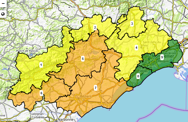 Prefet34's tweet photo. 🗺🔥 Carte du risque #FeuxDeForêt mardi 3⃣0⃣août⤵️
🟠Risque élevé secteurs: -Collines centre Hérault -Minervois/Saint-Chinianais -Plaine viticole Cœur Hérault & plaines littorales
🟡 modéré reste département
🔍 voir légende
🚭ne jetez pas vos🚬
🔥 📞18 ou 112 https://t.co/Sali3Bo60W