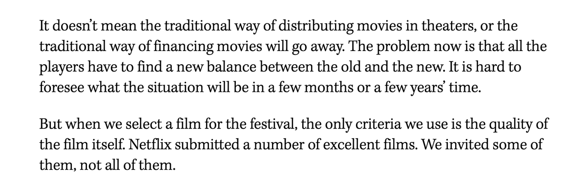Lucas_Shaw's tweet photo. A film festival chief with a reasonable opinion of streaming movies. What a concept. https://t.co/tWMNJIQv7l