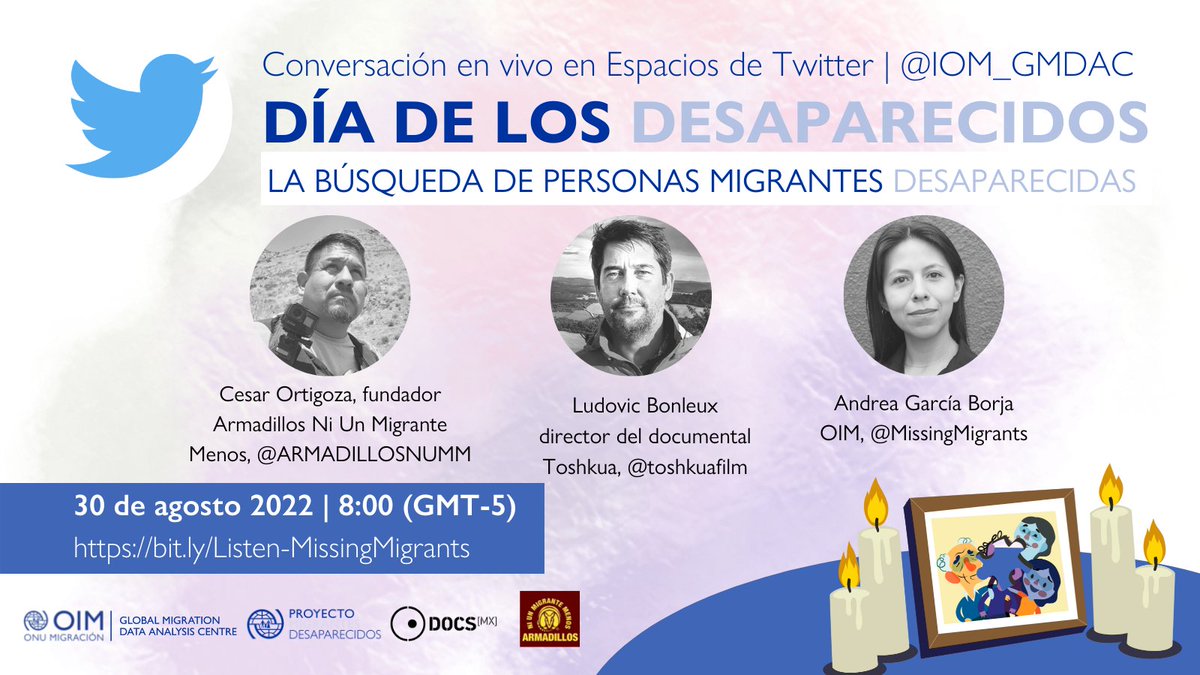 MissingMigrants's tweet photo. ¡No lo olvides! 

Acompáñanos mañana a la discusión en vivo con @toshkuafilm y @ARMADILLOSNUMM acerca de la búsqueda de personas migrantes desaparecidas.

🗓️ 30 de agosto
⏰8a.m. (GMT-5, hora de CDMX)
➡️https://t.co/9qq2LJsjcI https://t.co/rdWfDsa4uK