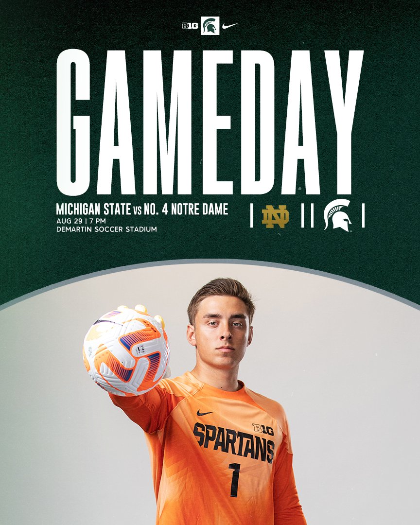 MSU_MSoccer's tweet photo. We've got Monday Night Futbol TONIGHT!!

Spartans vs No. 4 Notre Dame tonight at 7 p.m.!!

Parking is free at lot 67

🆚 No. 4 Notre Dame
📍DeMartin Stadium
⏰7 p.m.
🎟️ https://t.co/358TT7F4OD
📊 https://t.co/69Hy2cfsB1
💻 https://t.co/10y5Xlmeac

#GoGreen | #DefendDeMartin https://t.co/OdpDwTpcY5
