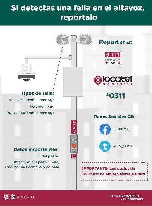 SGIRPC_CDMX's tweet photo. Reporta las fallas que detectes en los altavoces del Sistema de Alerta Sísmica de la Ciudad de México.

Con el ID del poste y su ubicación lo puedes comunicar a:

📞9-1-1 o al *0311
Twitter y Facebook del @C5_CDMX  y de @locatel_mx 

#TrabajandoJuntos #LaPrevenciónEsNuestraFuerza https://t.co/T2yM91uMDE