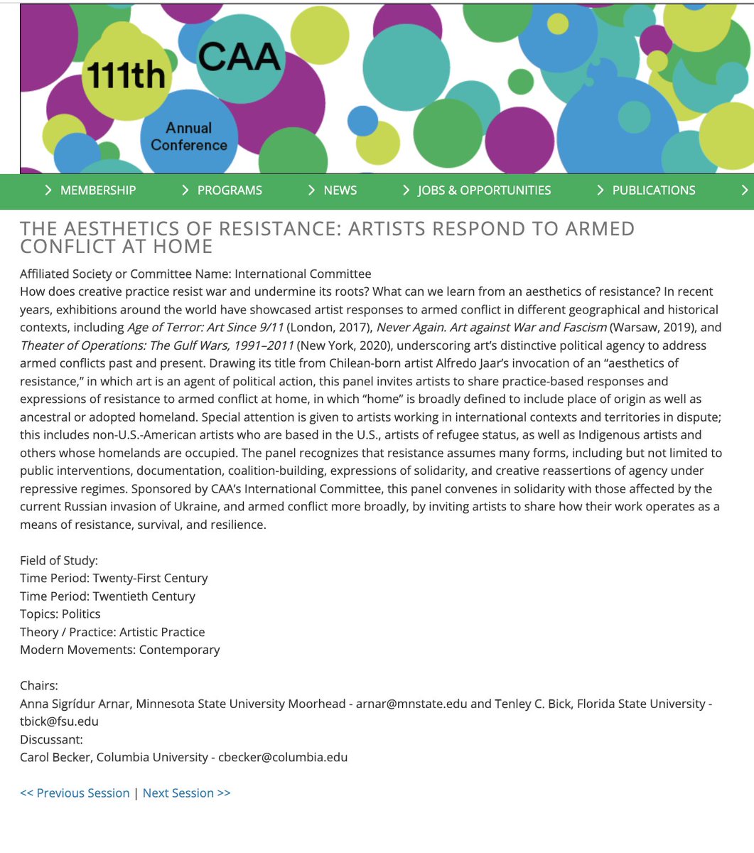 CFP reminder! Proposals for the <a href="/caavisual/">CAA Advancing Art & Design</a> Internatl Committee-sponsored session, "The Aesthetics of Resistance: Artists Respond to Armed Conflict at Home," are due Wed. Organized by Anna Arnar and me. #caa #artistsrespond caa.confex.com/caa/2023/webpr…