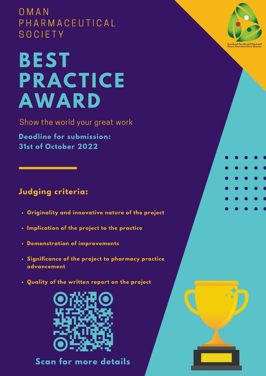 omphs2007's tweet photo. Oman Pharmaceutical Society would like to announce BEST PHARMACY PRACTICE AWARD
 "Show the world your outstanding efforts" 
For more details please scan the QR code showen in the picture. The deadline for submission is 31st of October 2022 https://t.co/sLa761Tflo