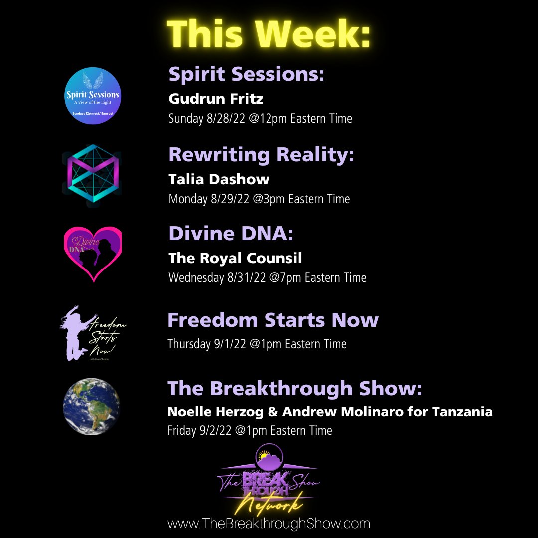 TBShowNetwork's tweet photo. Coming up this week on The Breakthrough Show Network! #thebreakthroughshownetwork #comingsoon #talkshow #podcast #thebreakthroughshow #spiritsessions #divinedna #freedomstartsnow #relationships #personaldevelopment #spirituality #rewritingreality https://t.co/DgUMoYGMMR