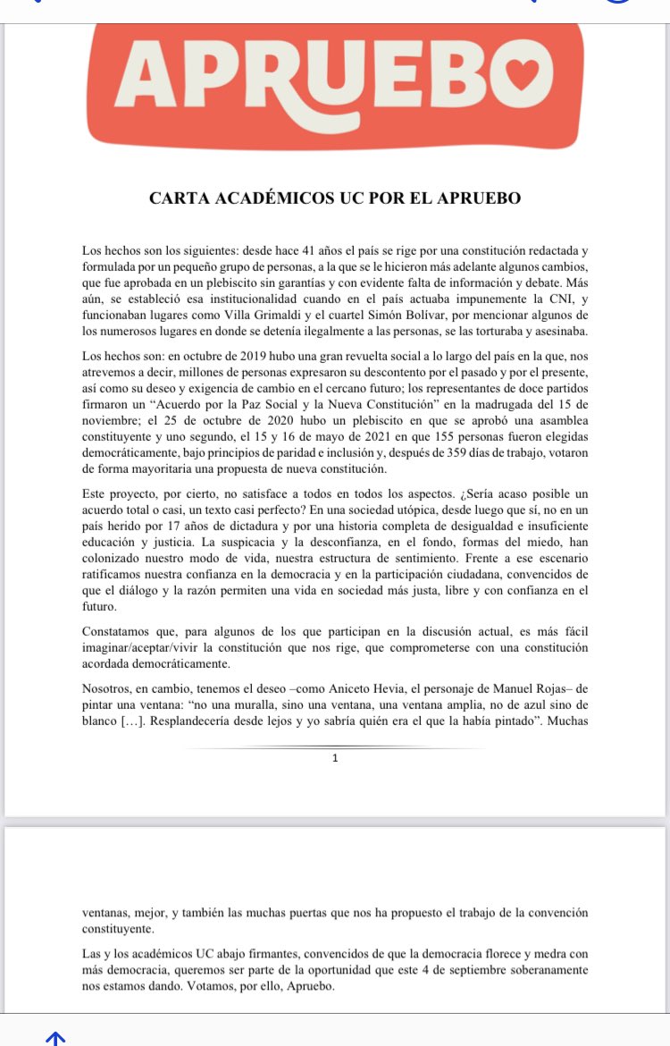 Más de 200 académicos/as de la UC explican sus razones para votar Apruebo: “La democracia florece y medra con más democracia, queremos ser parte de la oportunidad que este 4 de septiembre soberanamente nos estamos dando. Votamos, por ello, Apruebo.”👇🏽
#Apruebo4deSeptiembre