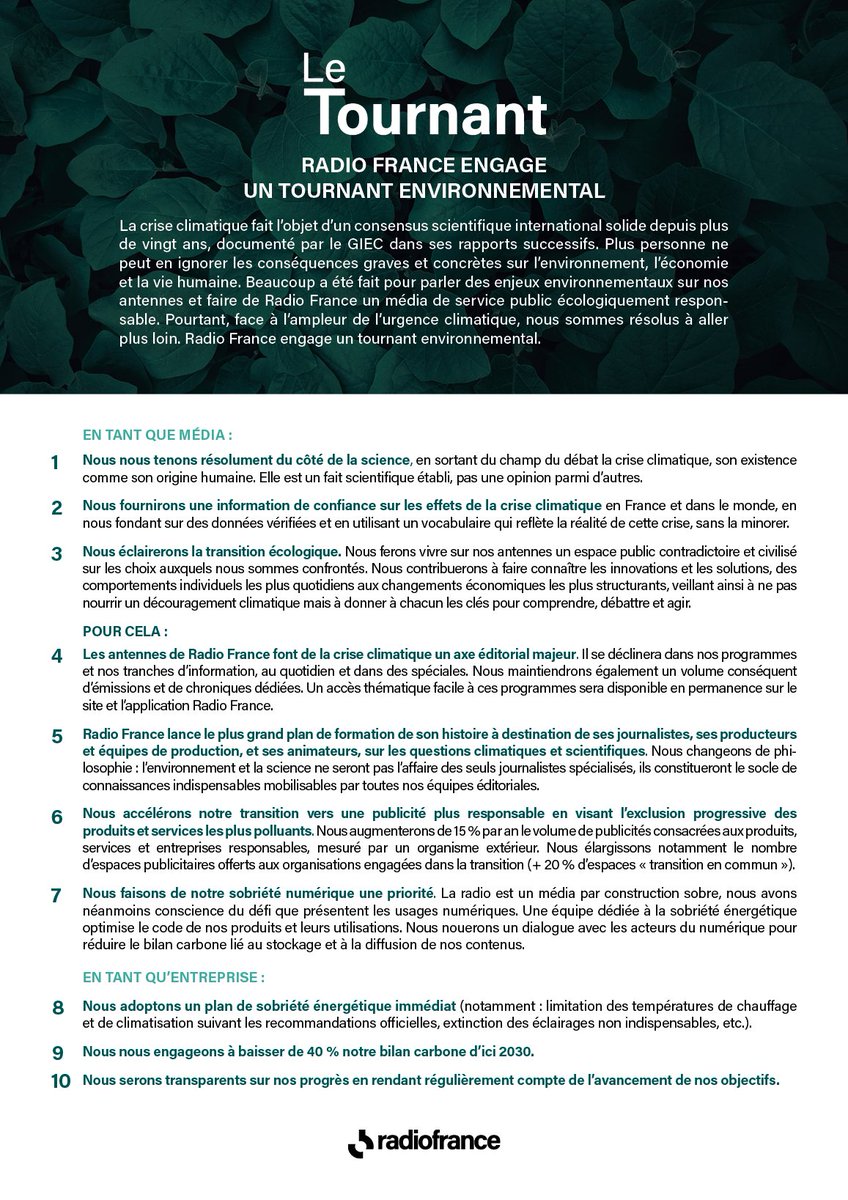 'Ces dernières années Radio France s’est engagée pour l’environnement. Mais face à l’urgence, nous avons décidé de prendre un véritable tournant environnemental.' @SibyleVeil Notre manifeste #LeTournant 👇