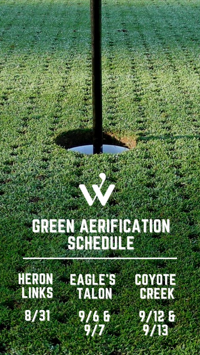 Willows Run Golf Complex begins aerification this week at our 9-Hole Heron Links Course on 8/31.