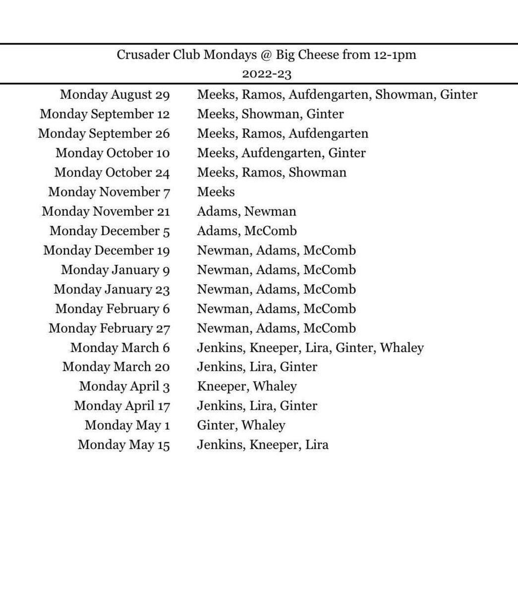 WHSCrusaderClub's tweet photo. Come see the new Athletic Director and new coaches today at Big Cheese. 12:00! Here is the schedule for this year…. https://t.co/RW5DwwWqWB