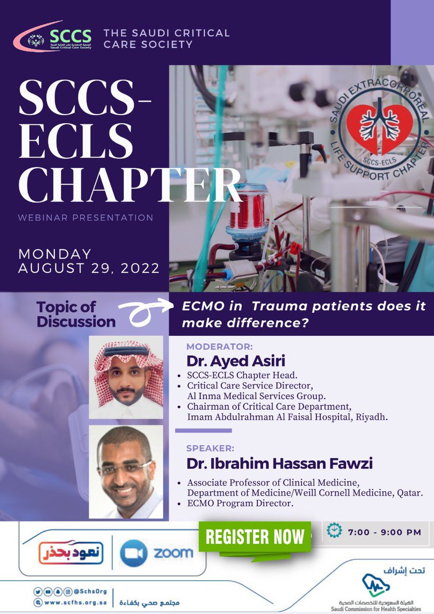 Topic: ECMO in trauma patients; does it make difference? Time: Aug 29, 2022 07:00 PM Riyadh Join Zoom Meeting us02web.zoom.us/j/82524980976?… Meeting ID: 825 2498 0976 Passcode: 804826 Registration here: docs.google.com/forms/d/e/1FAI…