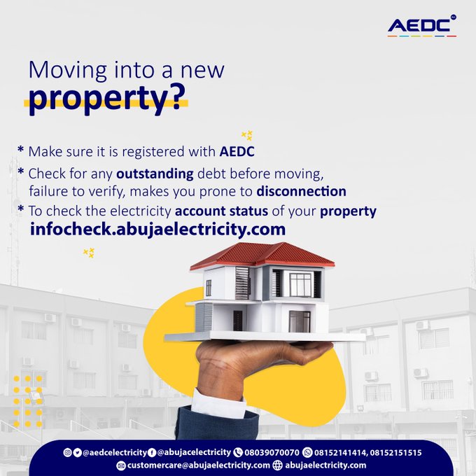 aedcelectricity's tweet photo. With https://t.co/wggfVYT2qc, you can check the electricity status of that house, shop or office before you move in. 
More information awaits you at the click of the link!
#AEDC #Abujadisco #infocheck #Electricitystatus https://t.co/96bFBs7WyC