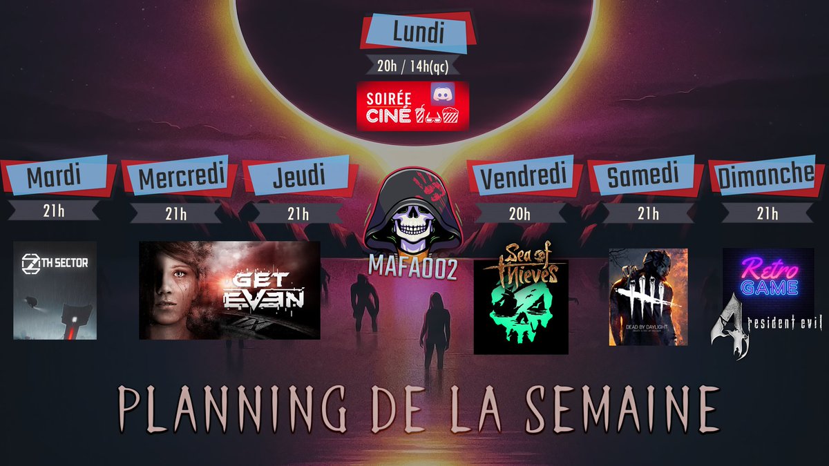 PaxMafa's tweet photo. 🖖Bonsoir les amis🖖
🗓️Planning du 29 au 4 Septembre
Mardi: #7ThSector
Mercredi,Jeudi: #GetEven
Vendredi: #SeaOfThieves
Samedi: #DeadbyDaylight
Dimanche: #Retro #ResidentEvil4
#twitch #twitchfr #TwitchStreamers #TwitchAffilate #HorrorGames https://t.co/Bt0eN0Mqqx https://t.co/IVH7nXT5Nb