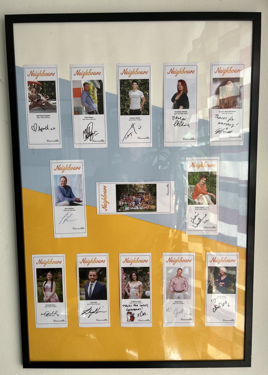 trotteruk's tweet photo. Thanks to my fiancé Joe for framing my #Neighbours signed cards. Our lounge is like a Neighbours shrine now 😂 

@benhall23 @georgiestone16 @CowdenLucinda @CintaStapleton @relmaloglou @Tim_Kano @jemmadono @AprilRPengilly @MattyWilson88 @takayahonda @canleask (&amp; everyone else!) 🧡 https://t.co/t3EFIGzevt