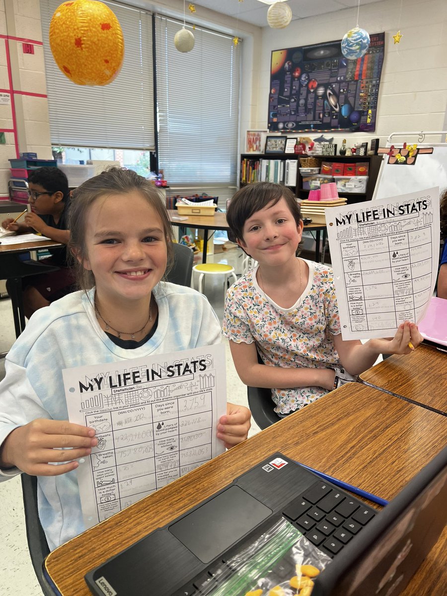 MsDeHaven2's tweet photo. Students became statisticians today in math and collected a ton of data on their life: how many breaths taken, rotations around the moon, &amp; how many times they’ve blinked, etc. Later we will round and discuss place value and use operations to analyze our life data. @LCPS_Math https://t.co/6eXmx1Vd6t
