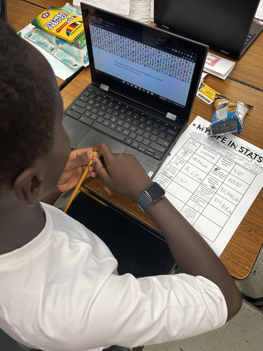 MsDeHaven2's tweet photo. Students became statisticians today in math and collected a ton of data on their life: how many breaths taken, rotations around the moon, &amp; how many times they’ve blinked, etc. Later we will round and discuss place value and use operations to analyze our life data. @LCPS_Math https://t.co/6eXmx1Vd6t