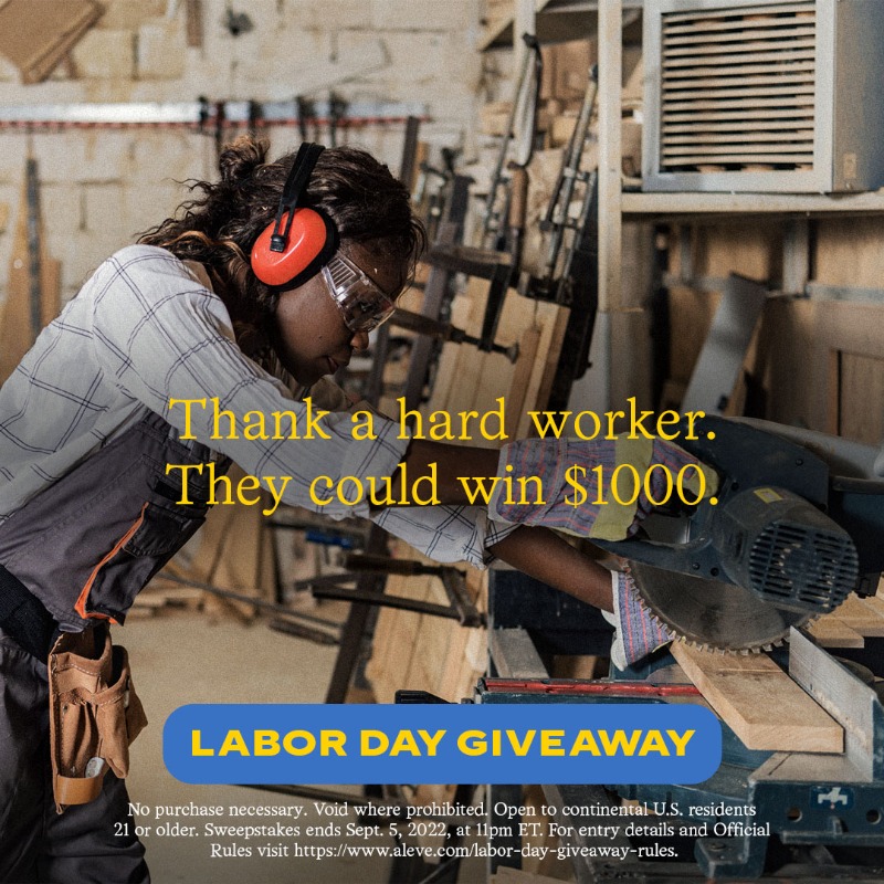 aleve's tweet photo. Before the #LaborDay fun begins, let’s honor the hard workers who give it their all. Follow @Aleve, tag someone in a quote tweet thanking them for all they do and they could win $1,000. Include #sweepstakes in your quote tweet to enter!
 
Official rules: https://t.co/Rz5tqgjATG https://t.co/GG7F7jXU4Z
