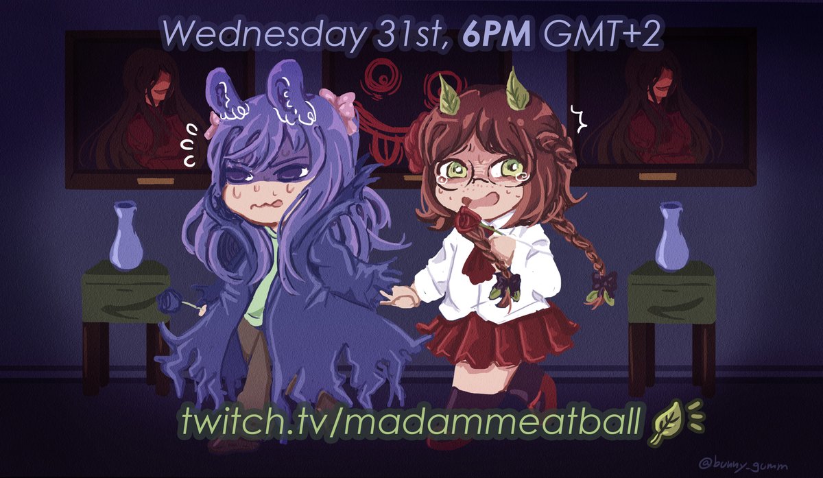 bunny_gumm's tweet photo. 2 DAYS LEFT🍃 until we dive into the world of Ib 🌹
(finally dropping the 1 year old promo art I made 🥹)
Check out @MadamMeatball🌿 on twitch on the 31st!
and join us as we exprole a haunted art gallery 🌿
#TwitchStreamers #Ibrpgmaker #Vtuber https://t.co/QYjMfzDLpV