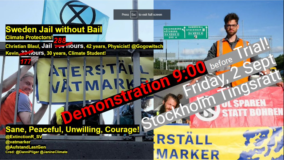 JanineClimate's tweet photo. Join demonstration 9:00 at the Stockholm Tingsrätt (Court House)
#ClimateProtectors #ClimateCrisis #Climate
We know blocking a road for #climate isn't Sabotage! #Ridiculous
Let's make sure court houses know!
Not in Sweden? Post picture with #FREEClimateProtectors https://t.co/ZpCGGgbrtA
