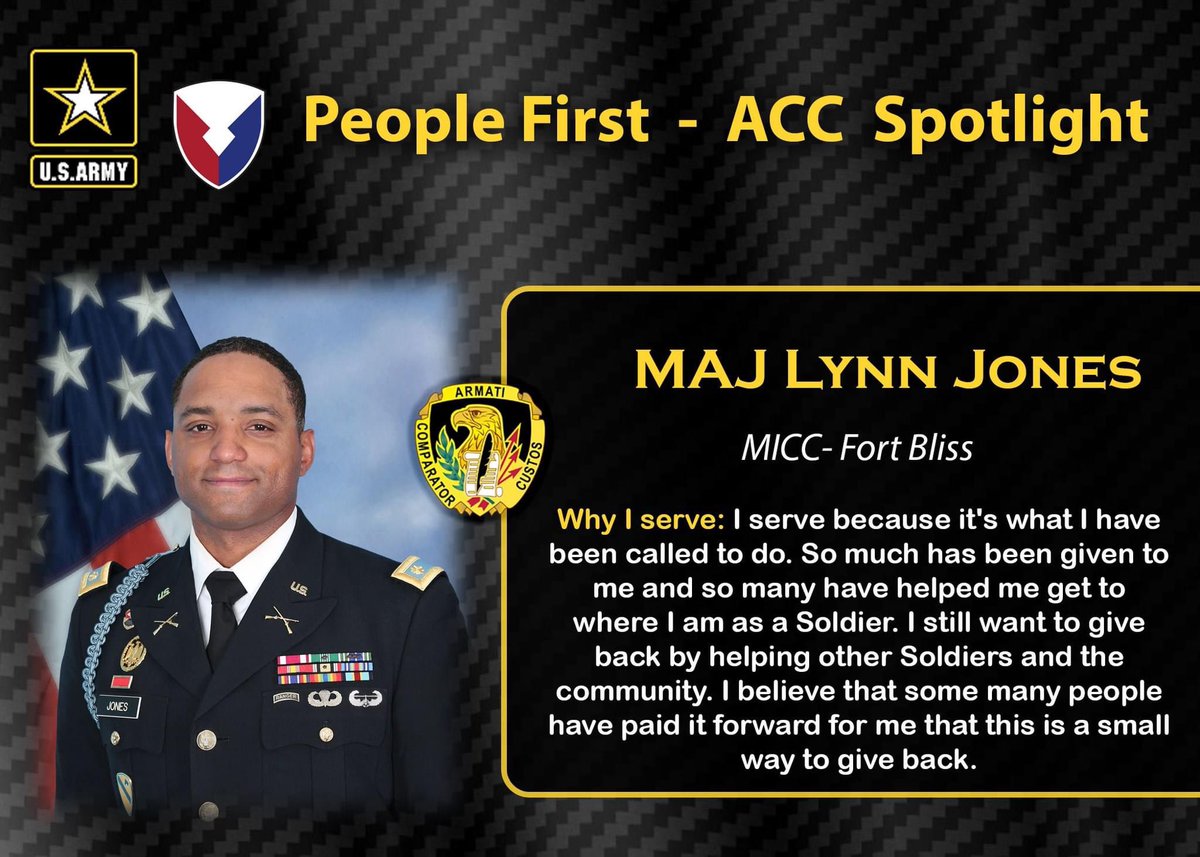 It’s #MilitaryMonday, let's do a special #ACCSpotlight that features Maj. Lynn Jones from @ARMYMICC at 919th Contracting Battalion / MICC - Fort Bliss. He may be new to the 51C career field, but Jones is a superstar! #SoldierSpotlight #MeetYourArmy #WeAreACC #PeopleFirst
