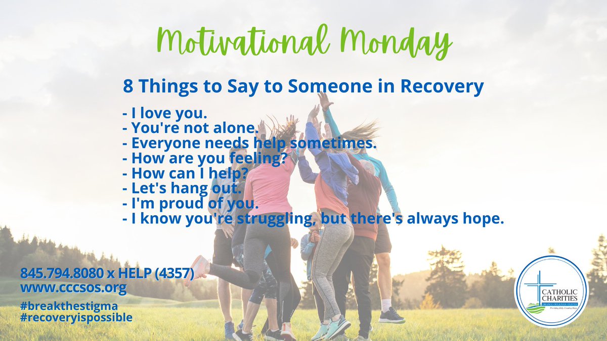 CathCharOSU's tweet photo. #MotivationalMonday A few kind words can go a long way for someone on the road to recovery. Recovery can be a rough road. There's no need to go it alone. Help is available. Recovery is possible. Call 845.497.8080 xHELP (4357) or visit https://t.co/VLnErn3QCk https://t.co/H1TEBrPRZK