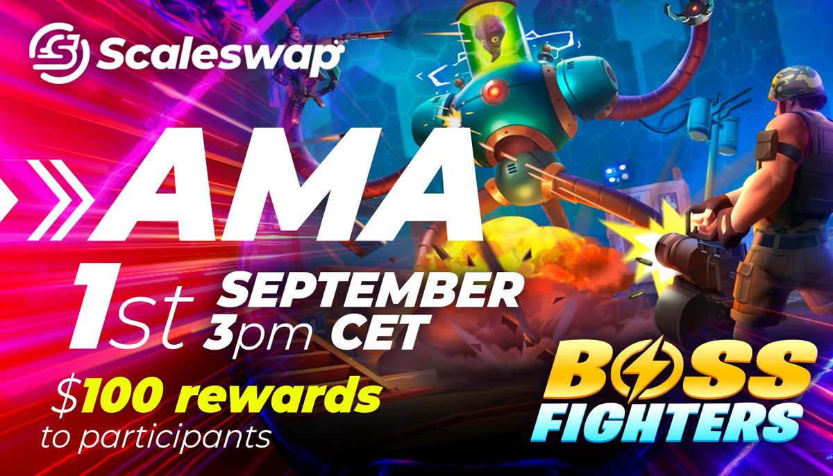 YouTube AMA with <a href="/BossFightersVR/">BOSS FIGHTERS</a> 

⛳️ Venue: youtube.com/c/Scaleswap 
📅 Time: Sept 1st, 3PM CET
🏆 Reward: 100$-best 5 Ques &amp; 1NFT to top 1 Que

Rules:
1️⃣ Do all the tasks in the gleam - gleam.io/competitions/O…
2️⃣ Drop your questions under  this tweet with #askbossfighters