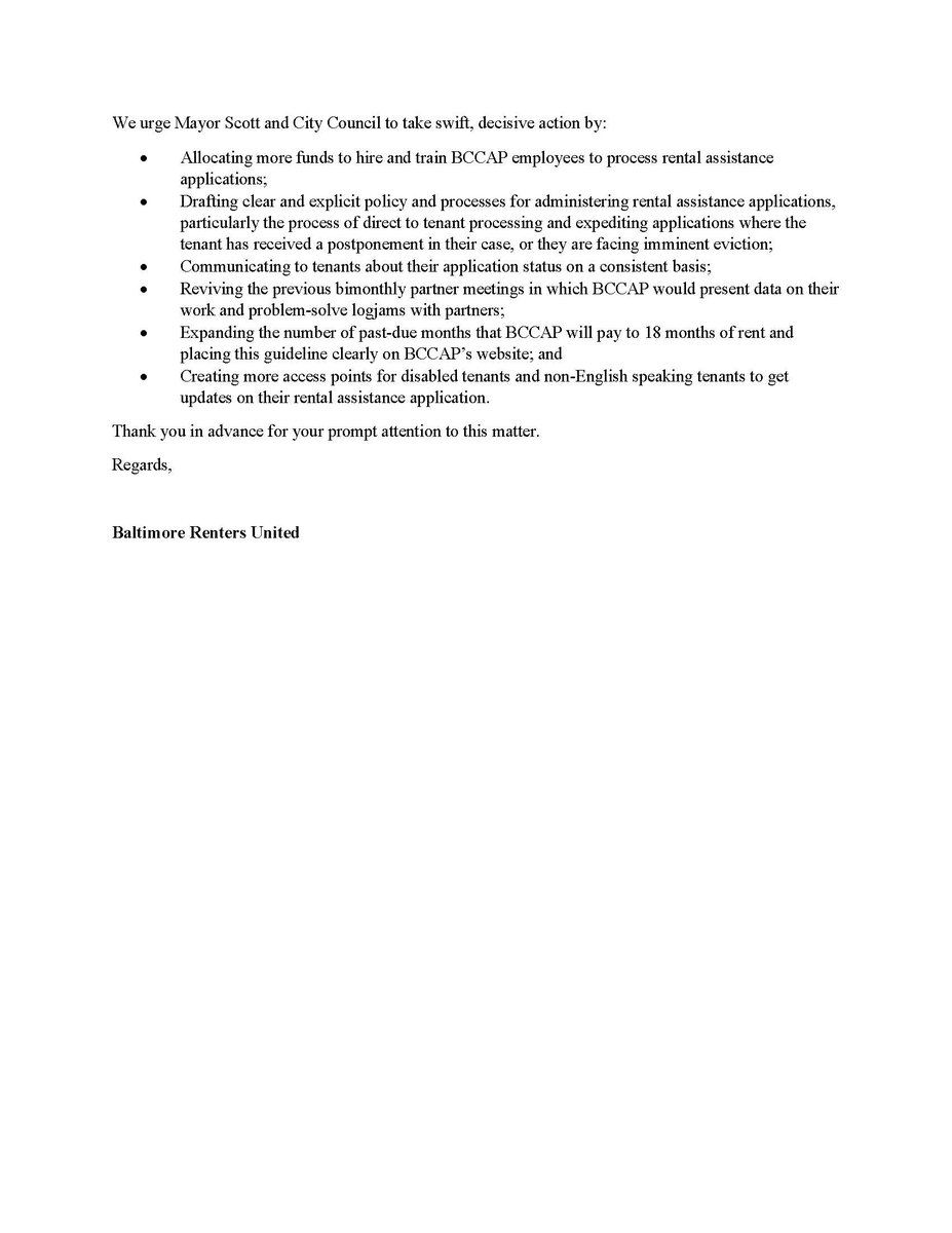 b_renters's tweet photo. We just sent @MayorBMScott &amp; @bmorechildren a letter pleading with them to take aggressive action to meet the HUGE increase in demand for rental assistance to prevent imminent evictions. 
We see tenants at the brink of eviction EVERY DAY
It doesn't have to be this way
🧵
/1 https://t.co/0Gy2fwLng8