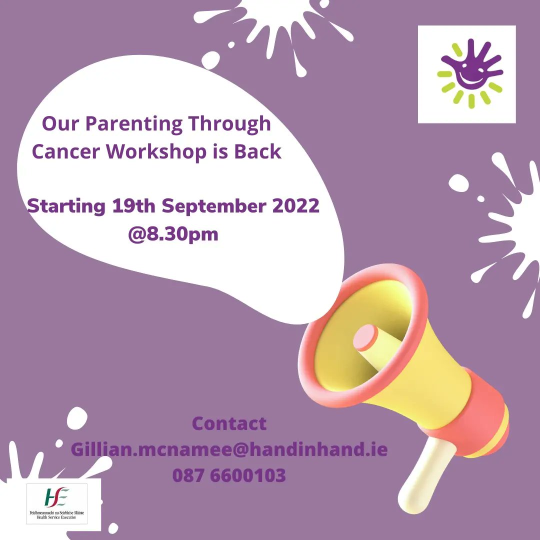 HandInHand_ie's tweet photo. 🚨 Our Parenting Through Cancer Workshop is back online.
For any adult who plays a significant role in the life of a child with cancer.
Each week we have a different facilitator to share their unique and varied knowledge.
Contact gillian.mcnamee@handinhand.ie 
Funded by HSE https://t.co/QaoPVt7eRj