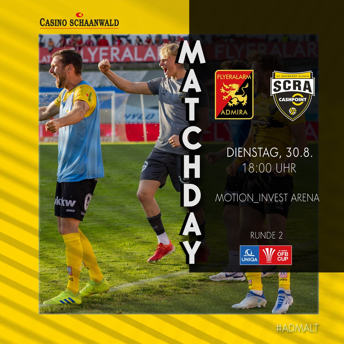 SCRAltach's tweet photo. 𝐏𝐨𝐤𝐚𝐥𝐬𝐩𝐢𝐞𝐥𝐭𝐚𝐠 🏆
Gemeinsam wollen wir heute eine Runde weiterkommen! 🆙
🆚 @FCAdmiraWacker
🕕 18:00 Uhr
🏟️ motion_invest ARENA
📺 https://t.co/jkgEiTC5Xn
#ADMALT https://t.co/YadrQWC7vi