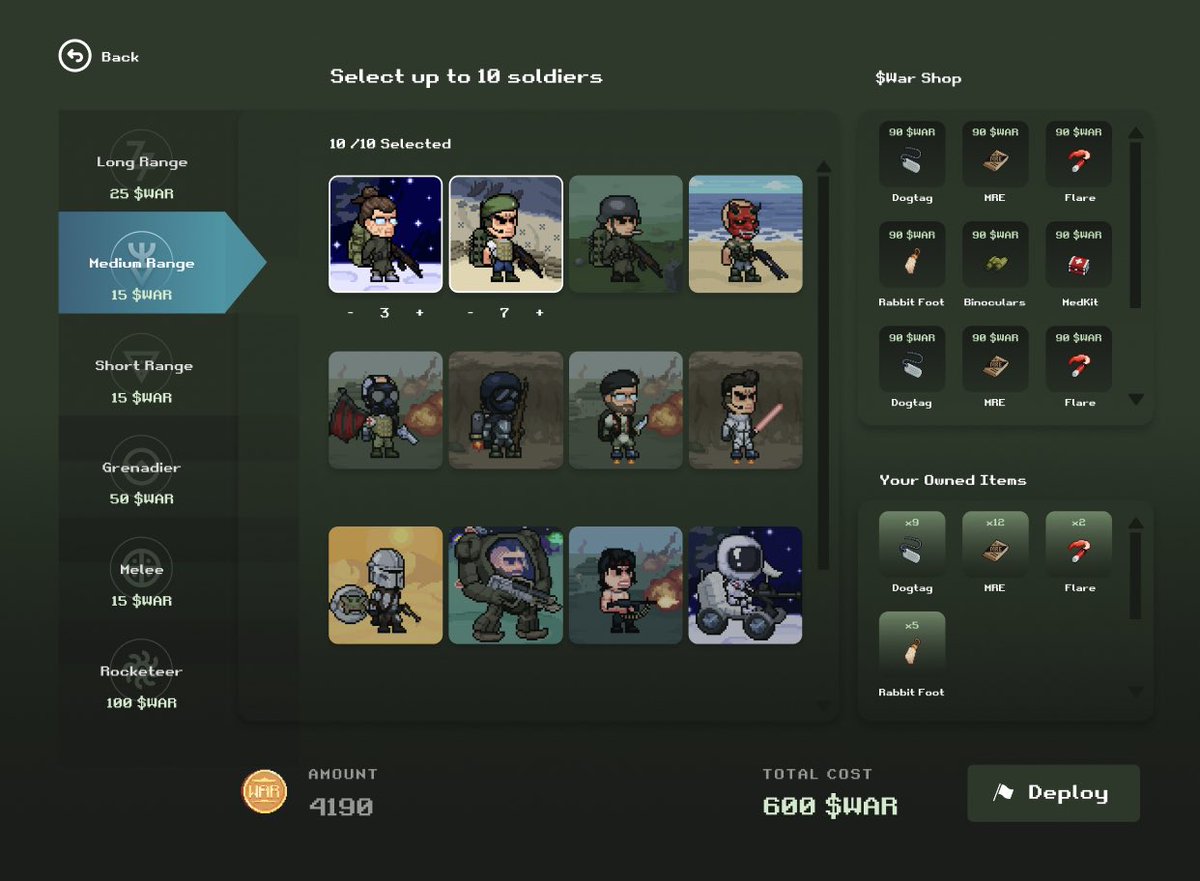Here is a look at Reign of SOLdiers UI!

Here you will be able to select which SOLdiers you want from each unit which is determined by the weapons trait your SOLdiers NFT has.

You will also be able to buy your upgrade items here unless you have already found them! 

#NFTs #SOL