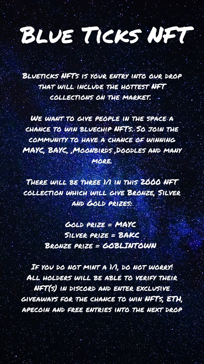 BlueTicksNFT's tweet photo. You are still early 👀...

Like, Follow and RT (Tag a friend if you want 🤷🏽‍♂️) will enter a draw to get a FREE mint! 

Is luck on your side? https://t.co/DJPAGpEmHk